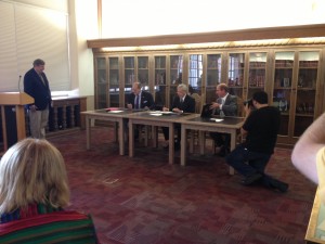 Senator Jeff Bingaman (center) signs over his collection to the University of New Mexico on July 11, 2013. Alongside him are President Robert G. Frank of the University of New Mexico (left) and President Joe Shepard of Western New Mexico University (right).