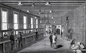This 1874 illustration of Cook, Coburn, & Co. reveals the transactional process of placing ads, with tellers (far left), clients (center), and clerks (far right).