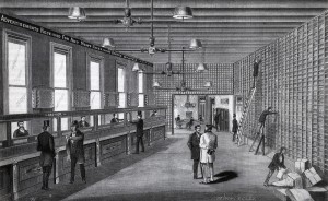 Pictured: this is a 1874 illustration from Cook, Coburn, & Co., which demonstrate the transactional process of placing ads, with tellers (far left), clients (center), and clerks (far right).