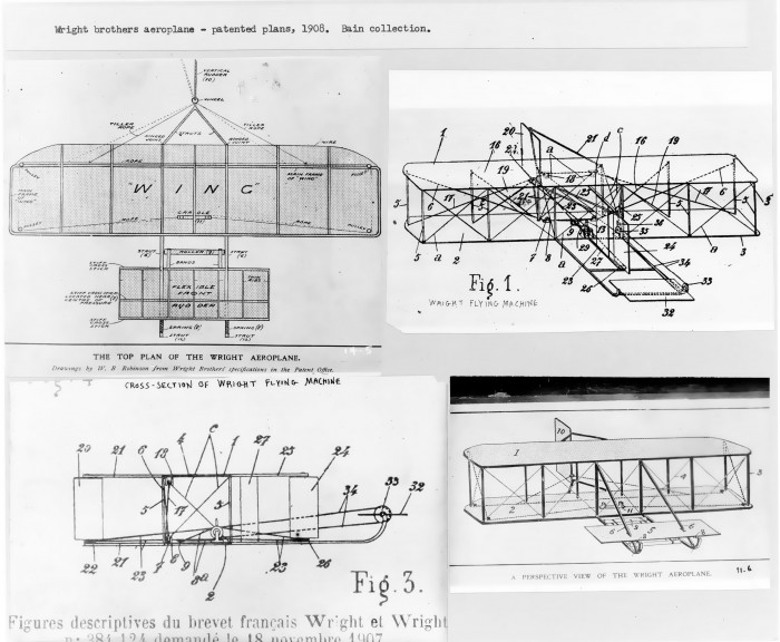 This is a photograph of the The Wright Brothers patented plans of their first airplane. It shows diagrams of how the plane is constructed.