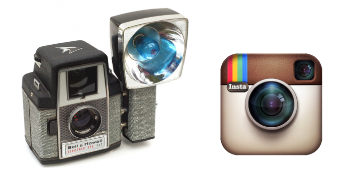 Pictured: A 1950s Bell & Howell Camera appears next to the iconic 2014 Instagram app logo.