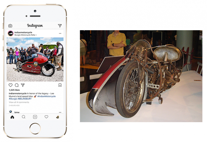 This is a mashup of two photos. On the left, Indian Motorcycle posted a photo of the Spirit of Munro motorcycle shown at the 2017 Sturgis Motorcycle Rally to their Instagram feed. The motorcycle was built in honor of the legendary Burt Munro, who set the land speed record in 1967. On the right, there is a photo of Munro's original Indian Motorcycle.