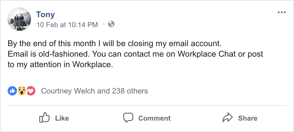 Pictured: A Facebook post from AirAsia's Tony Fernandez. He mentions that he will be closing his email account at the end of the month, stating he can be contacted using the company chat.