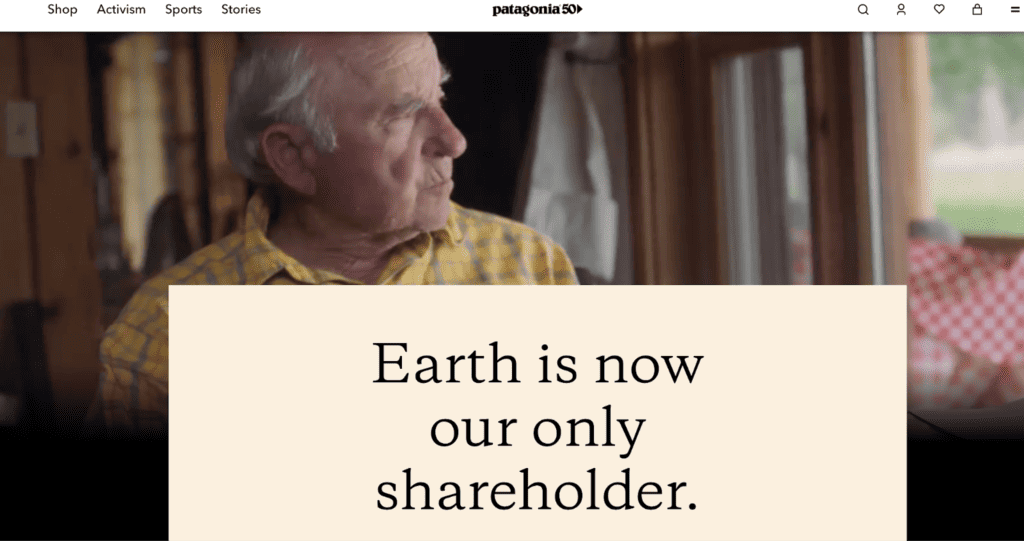 Screenshot of Patagonia website with headline, "Earth is now our only shareholder"